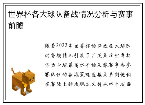 世界杯各大球队备战情况分析与赛事前瞻