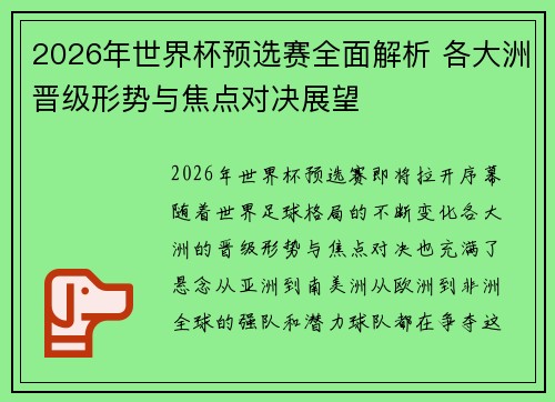 2026年世界杯预选赛全面解析 各大洲晋级形势与焦点对决展望