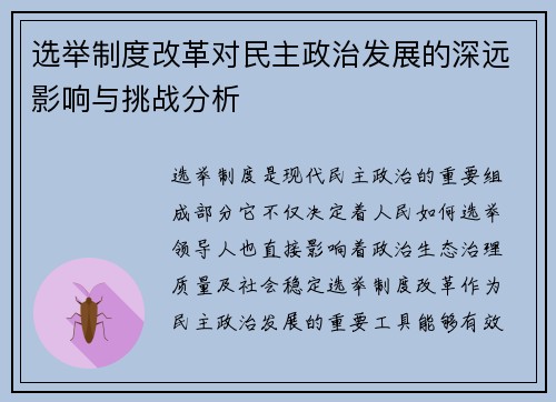 选举制度改革对民主政治发展的深远影响与挑战分析