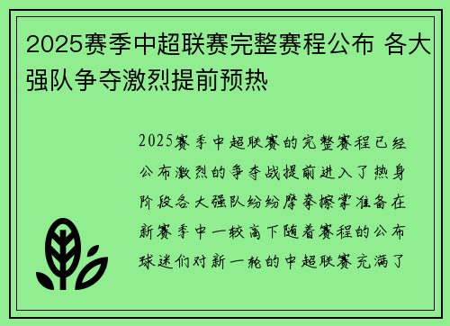 2025赛季中超联赛完整赛程公布 各大强队争夺激烈提前预热