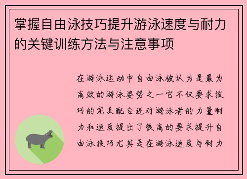 掌握自由泳技巧提升游泳速度与耐力的关键训练方法与注意事项