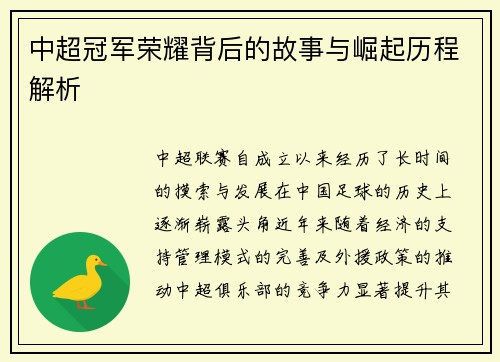 中超冠军荣耀背后的故事与崛起历程解析