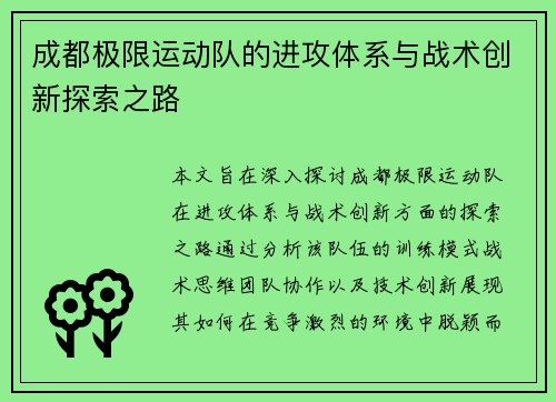 成都极限运动队的进攻体系与战术创新探索之路